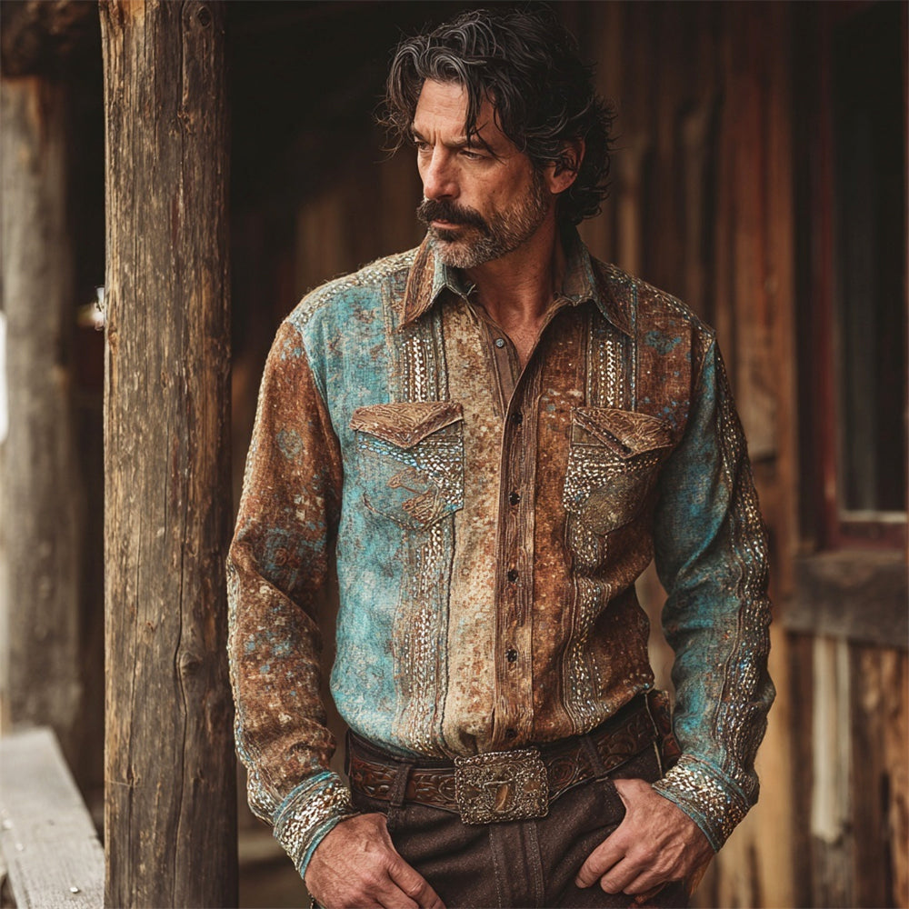 Western Vintage Print Men's Linen Long Sleeve Shirt elevenforest