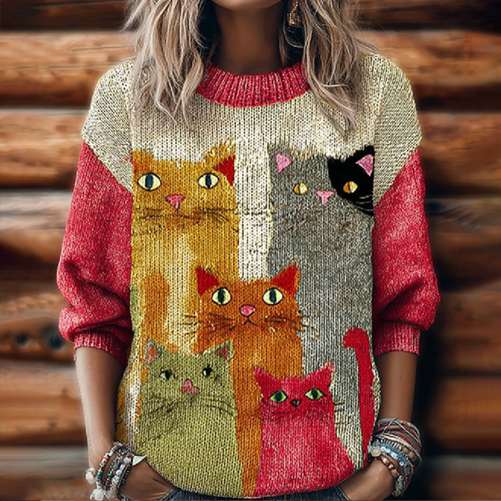 Women's Funny Cat Embroidery Round Neck Sweater elevenforest