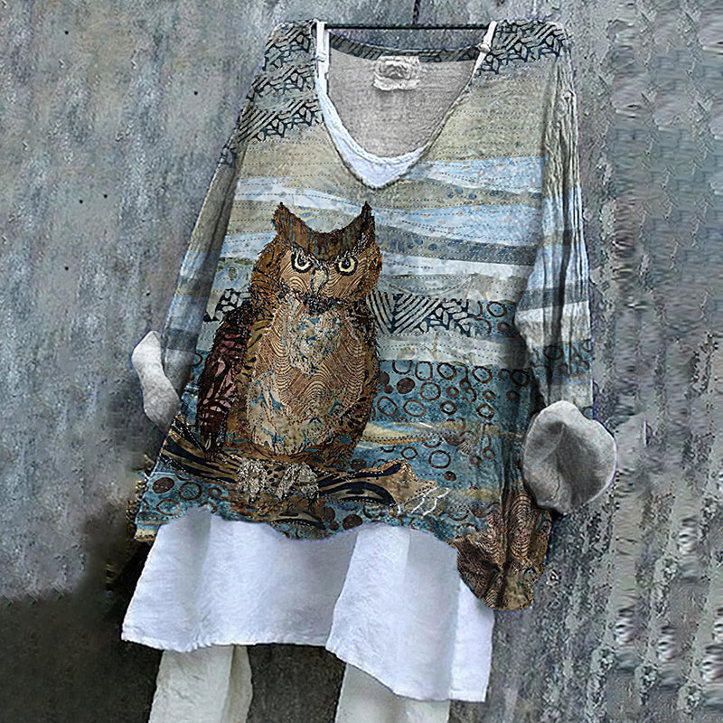 Women's Vintage Owl Embroidered Patch Cotton And Linen Shirt elevenforest