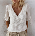 Bohemian Style Woman's V-neck White Rose Short-sleeved Shirt elevenforest