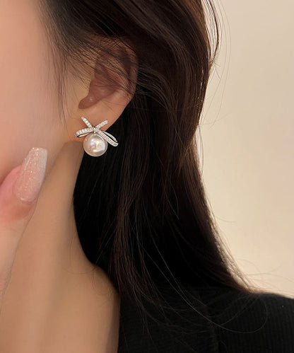 White Sterling Silver Pearl Bow Stud Earrings