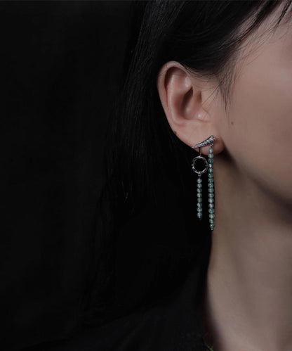Retro Green Stainless Steel Asymmetrical Beading Drop Earrings