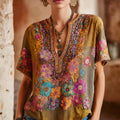 Bohemian Multi-colored Flower Three-dimensional Embroidery Vintage V-neck Short-sleeved Shirt elevenforest