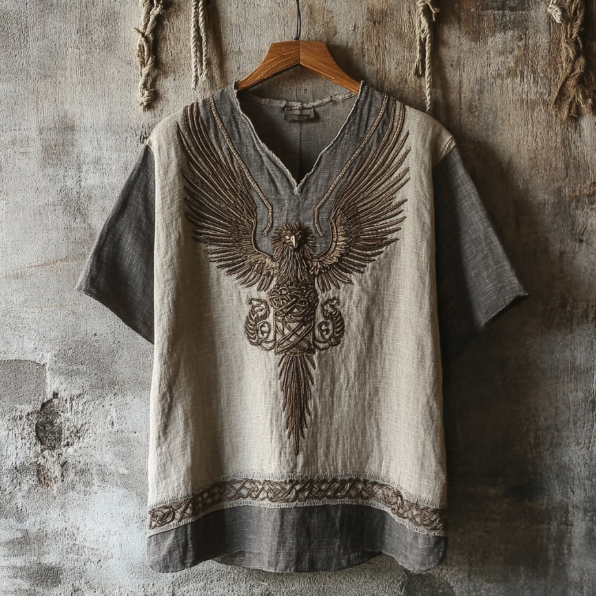 Men's Viking Tribal Eagle Celtic Art Linen V-neck T Shirt elevenforest