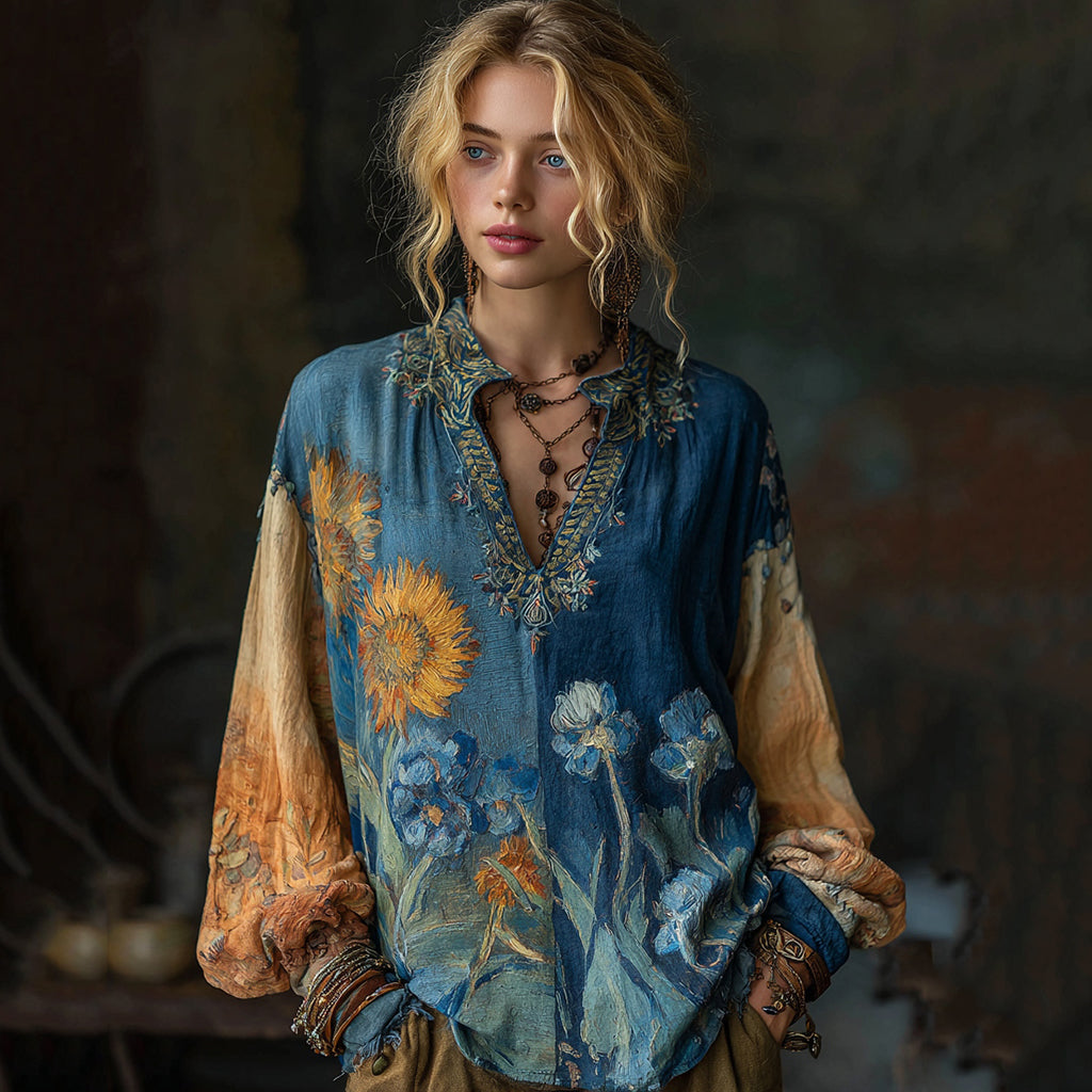 Oil Painting Iris And Sunflower Contrasting Shirt elevenforest