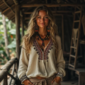 Comstylish Casual Ethnic Style Embroidered Linen Round Neck Long Sleeve Shirt