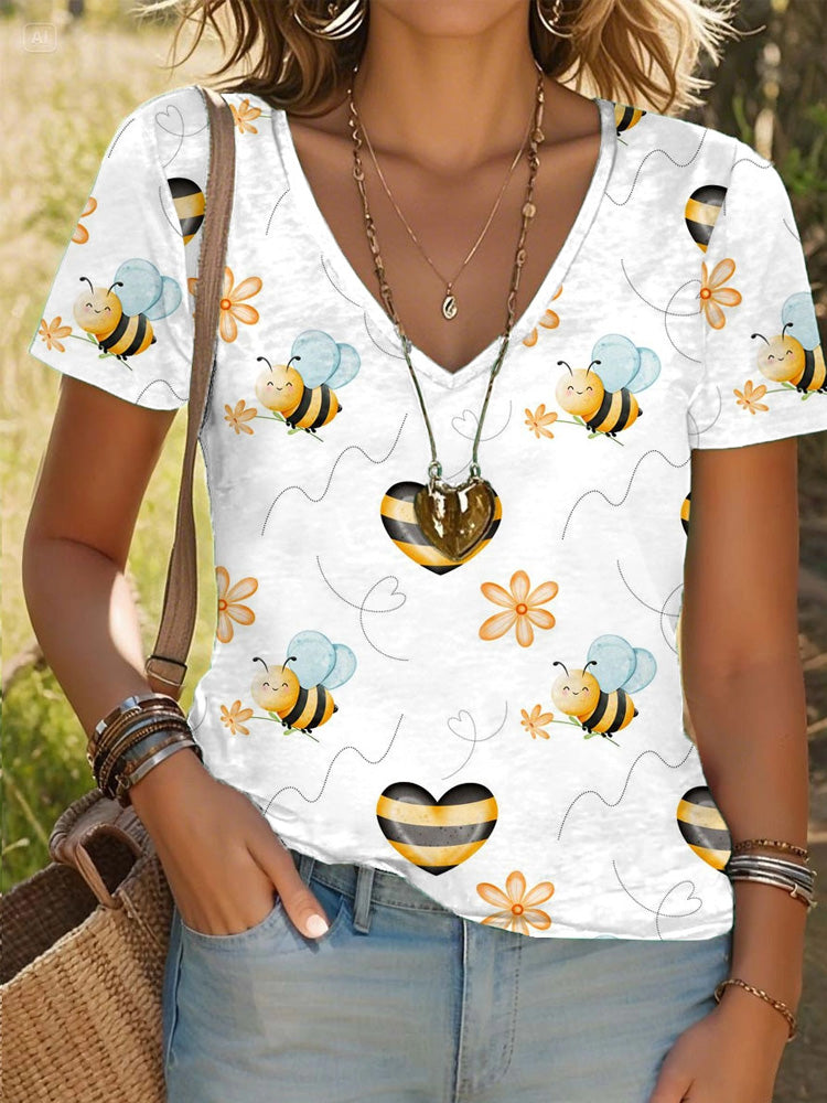Comstylish Women’s Bees Print V-neck T-shirts