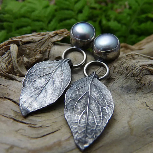 Inlaid Silver Pearl Leaf Earrings
