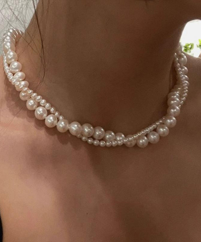 White Alloy Double-layer Pearl Gratuated Bead Necklace