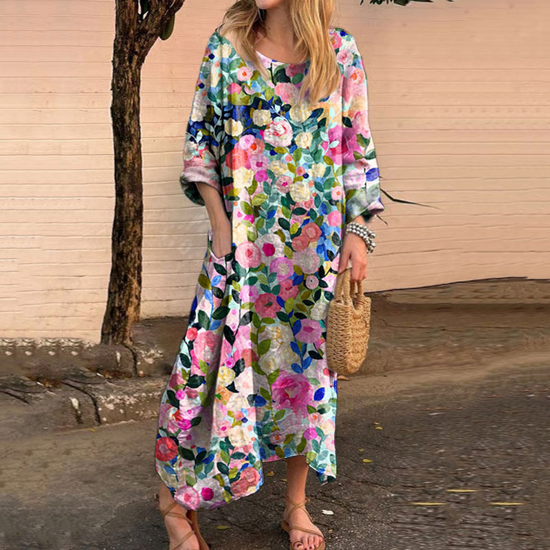 Women's Watercolor Floral Print Comfort Linen Dress elevenforest