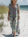 Women's Vintage Artistic Floral Pattern Print Pocket Cotton Dress
