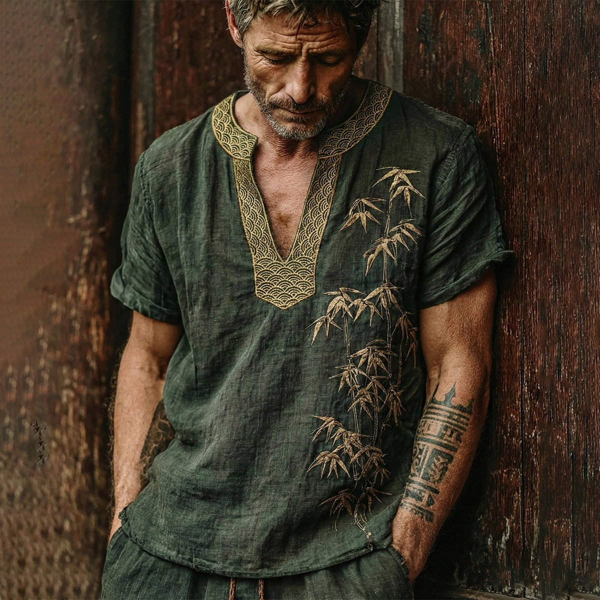 Men's Japanese Bamboo Waves Art Cozy Linen V Neck Shirt elevenforest