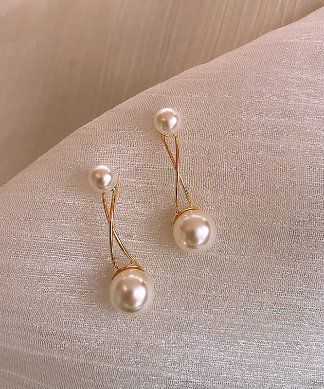 Gold Metal Overgild Pearl Cross Connection Stud Earrings