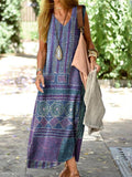 Women's Kantha Floral Pattern Loose Cotton and Linen Tank Top Dress