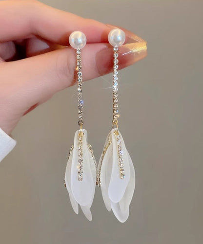 White Alloy Zircon Pearl Petal Tassel Drop Earrings