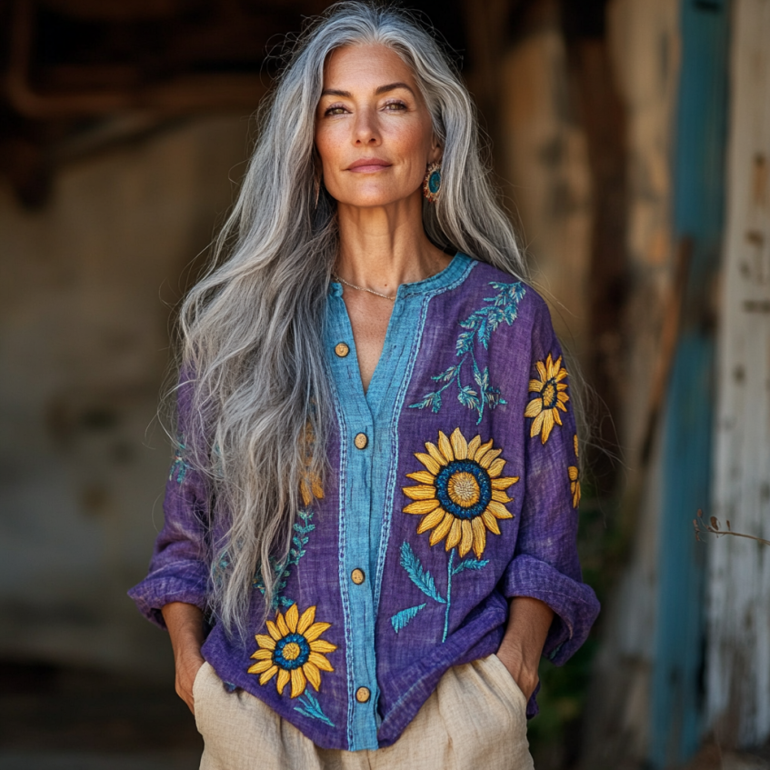 Ukraine Sunflower With Bohemian Linen Floral Art Print Long Sleeve Loose  Shirt elevenforest