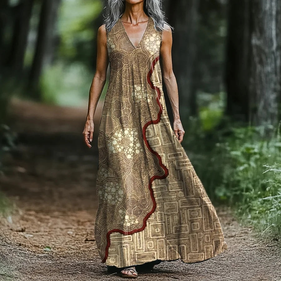 Women's Vintage Geometric Art Print V-neck Tank Midi Dress elevenforest
