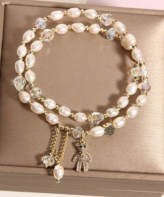 Champagne Alloy Inlaid Pearl Gem Stone Little Bear Charm Bracelet