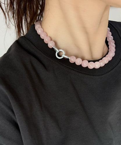 Pink Sterling Silver Crystal Beading Collar Necklace