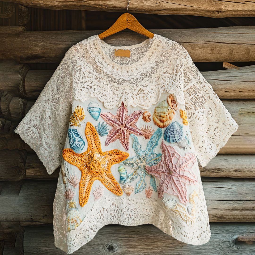 Ocean Colorful Starfish Embroidered Lace Art Linen Blend Shirt elevenforest