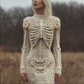 Comstylish Vintage Skeleton White Roses Slim Fit Cozy Knit Sweater Dress