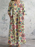Women's Elegant Floral Pattern V-Neck Cotton Fabric Dress with Pockets