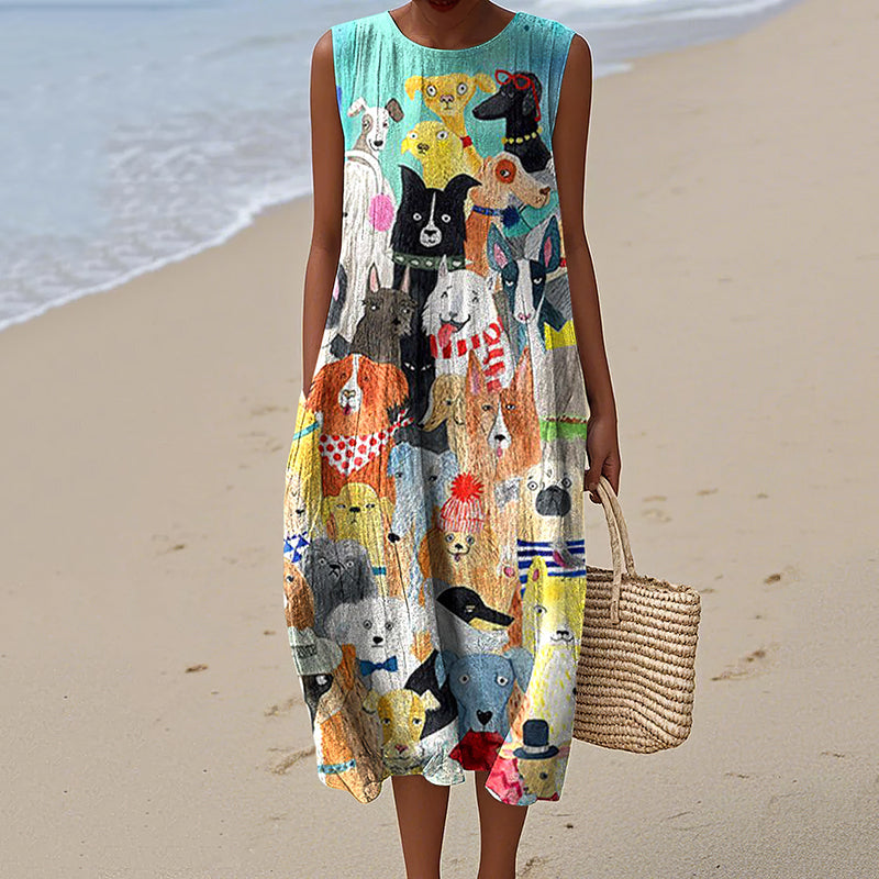 Comstylish Women's Dog Art Print Tank Midi Dress