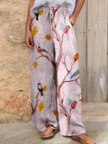 Comstylish Women's Cute Bird Art Linen Wide Leg Pants