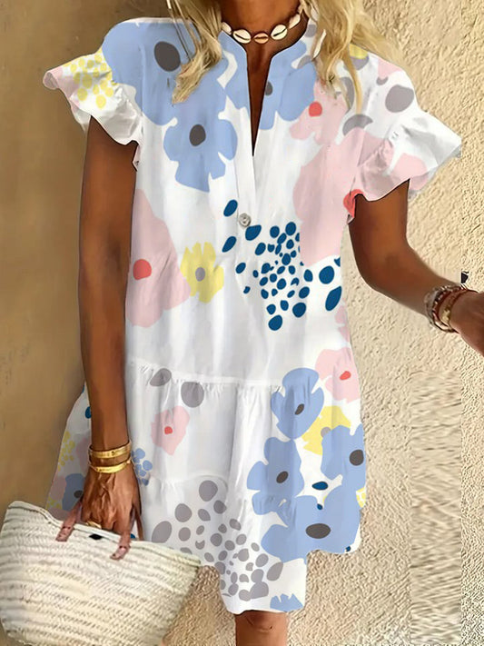 Flower ruffle short-sleeved V-neck button dress holiday beach dress