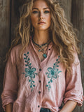 Vintage Bohemian Holiday Style Linen Floral Print  Long Sleeve Shirt elevenforest