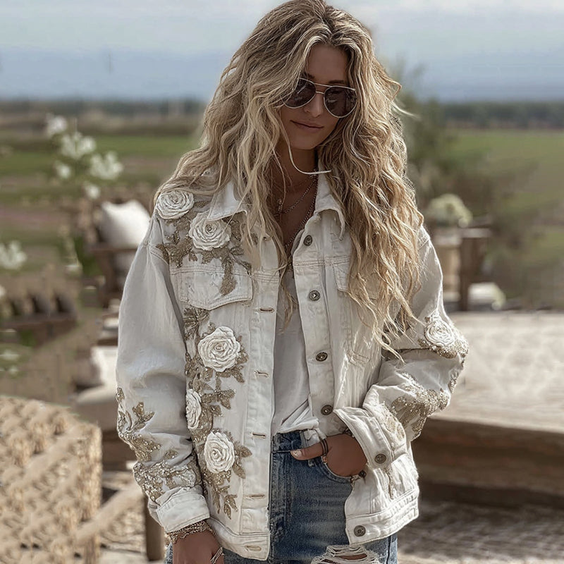 Women's Vintage Floral Embroidered Denim Jacket elevenforest
