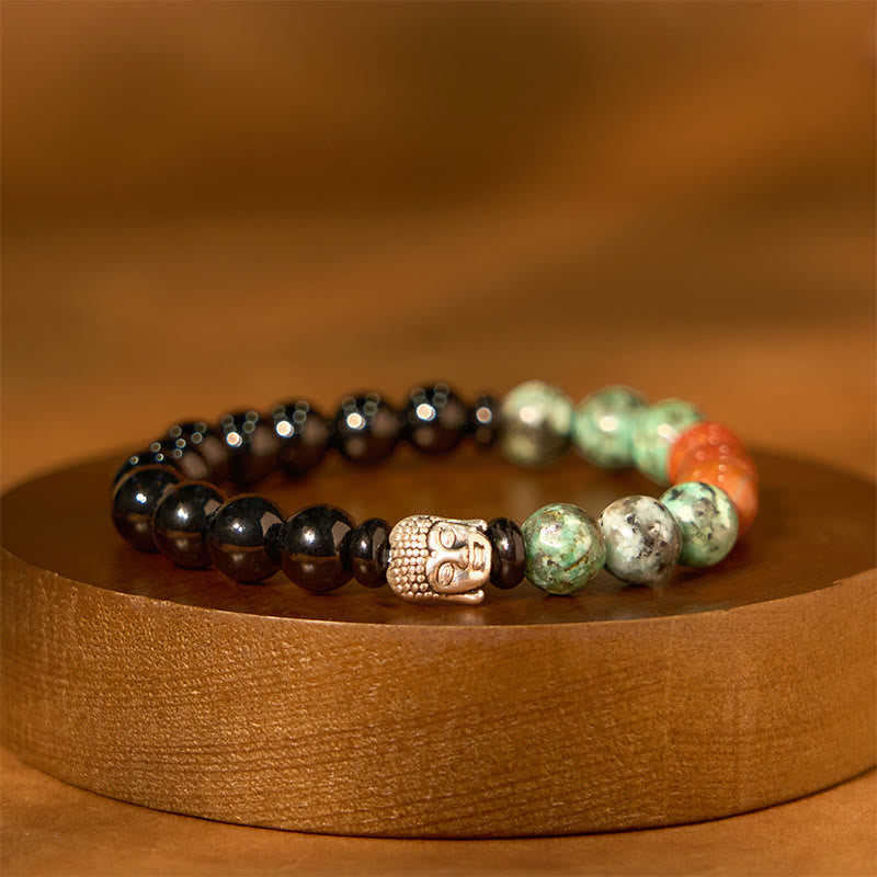 8mm Mixed Gemstone Buddha Bracelet for Protection & Balance