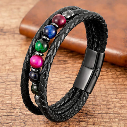 8mm Tiger Eye Bead Positive Leather Balance Bracelet