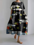 Japanese Flower Printed Linen Blend Maxi Dress
