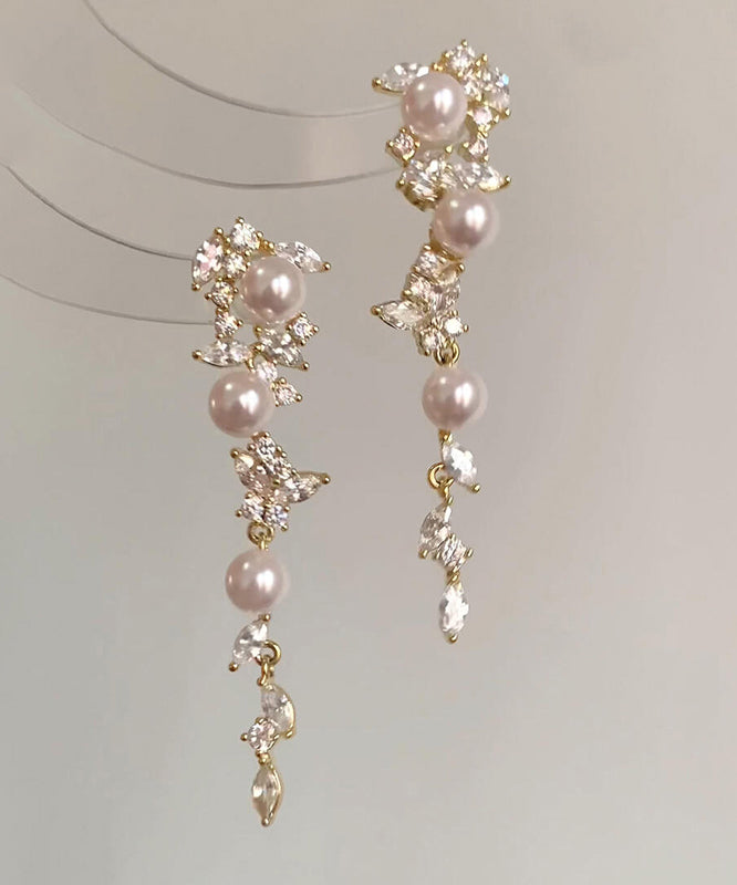 Gold Copper Overgild Pearl Butterfly Tassel Drop Earrings