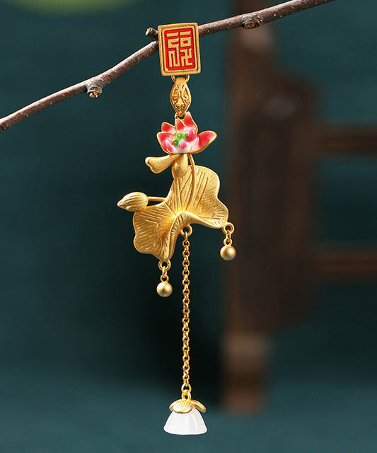 Gold Ancient Gold Jade Lotus Tassel Brooches