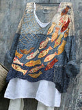 Women's Vintage Patchwork Fish Pattern Linen Blend Shirt elevenforest