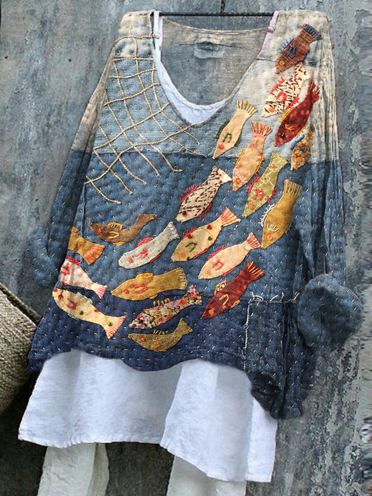 Women's Vintage Patchwork Fish Pattern Linen Blend Shirt elevenforest