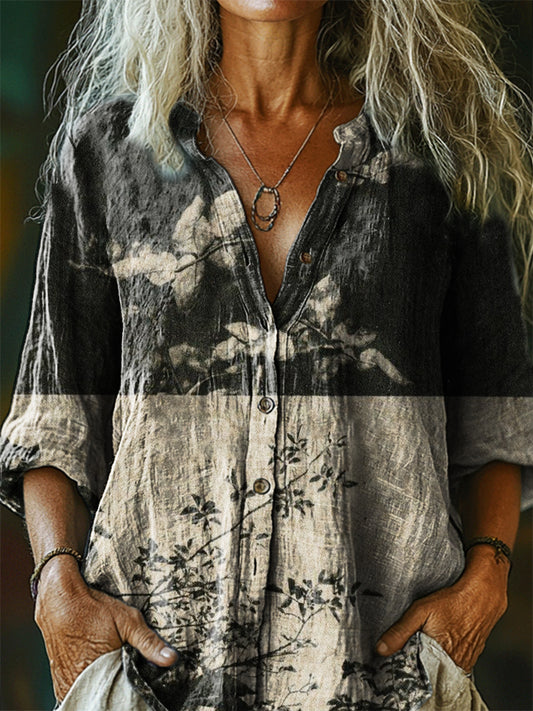 Women's Vintage Floral Art Print Casual Cotton Linen Shirt