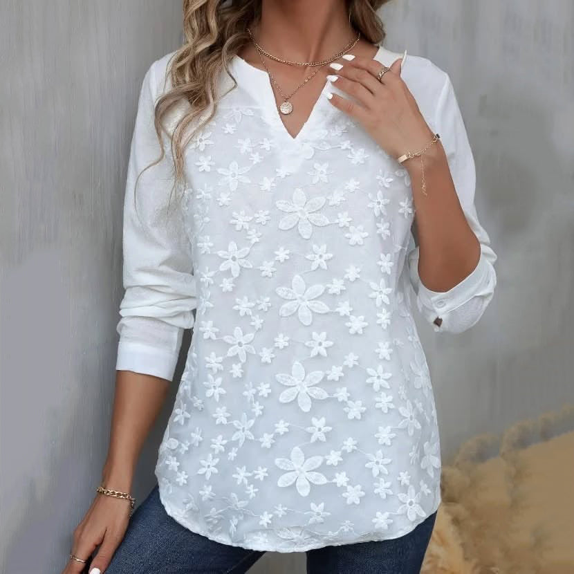 Elegant Lace Embroidery Art Long Sleeve V-neck Shirt elevenforest