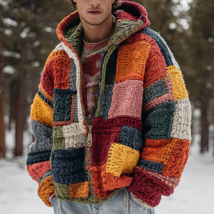 Men's Colorful Geometric Colorblock Knitted Warm Zipper Hooded Sweater artswardrobe