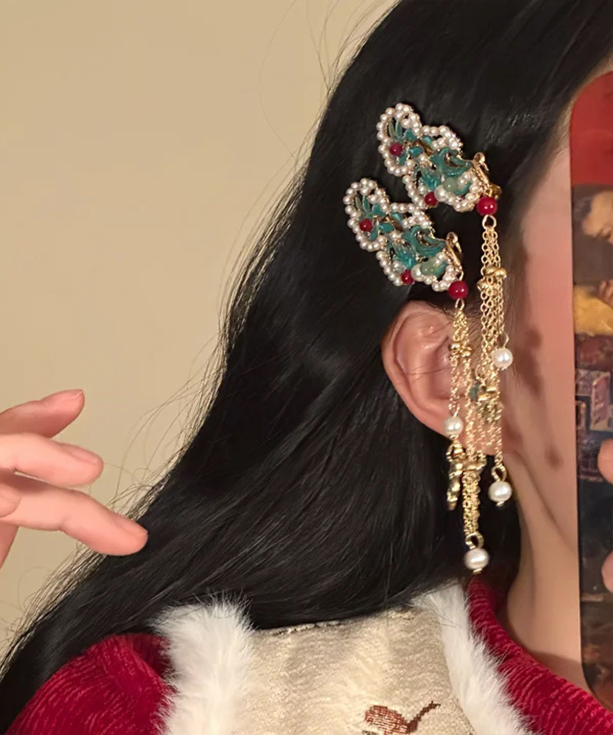 Classy Colorblock Copper Pearl Cloisonne Tassel a Pair Hairpin