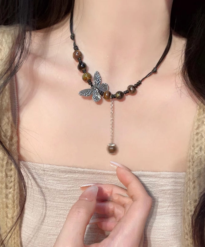 Coffee Hand Knitting Butterfly Tassel Pendant Necklace