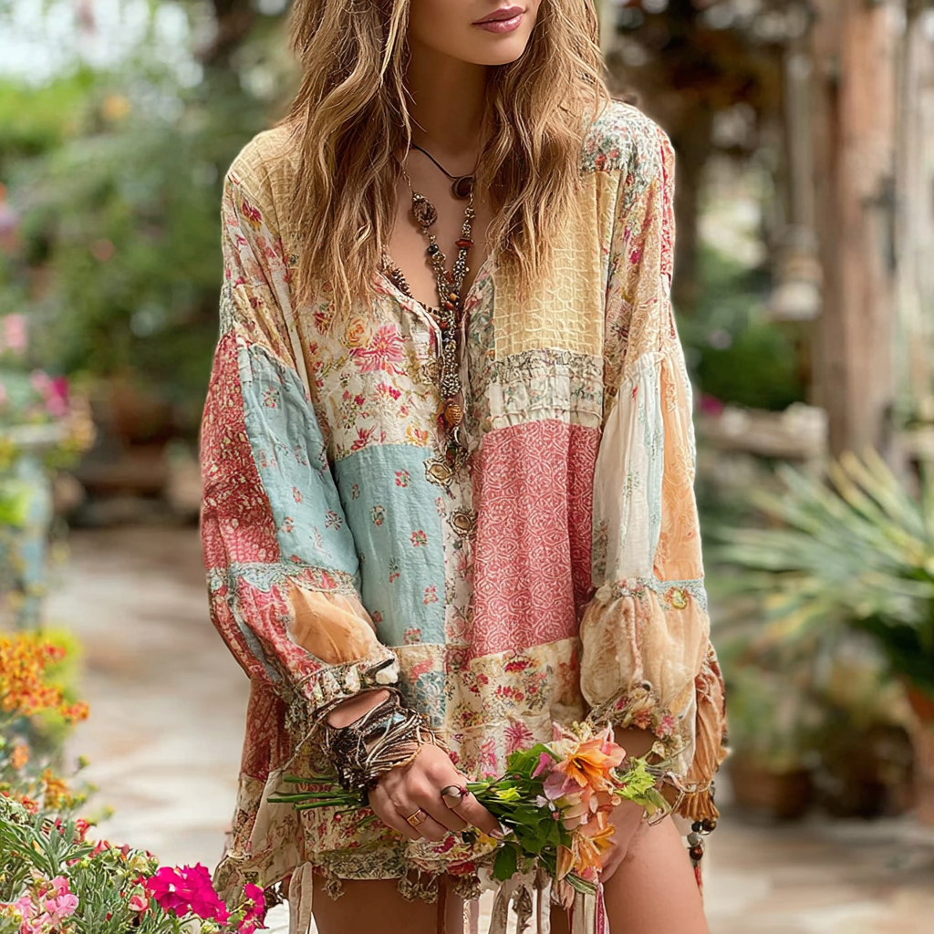 Women's Vintage Floral Art Patch Loose Fit T-shirt elevenforest