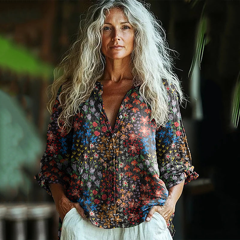 Bohemian Style Linen Colorful Floral Art Print  Long Sleeve Shirt elevenforest