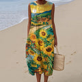 Comstylish Women's Sunflower Art Print Sleeveless Casual Midi Dress