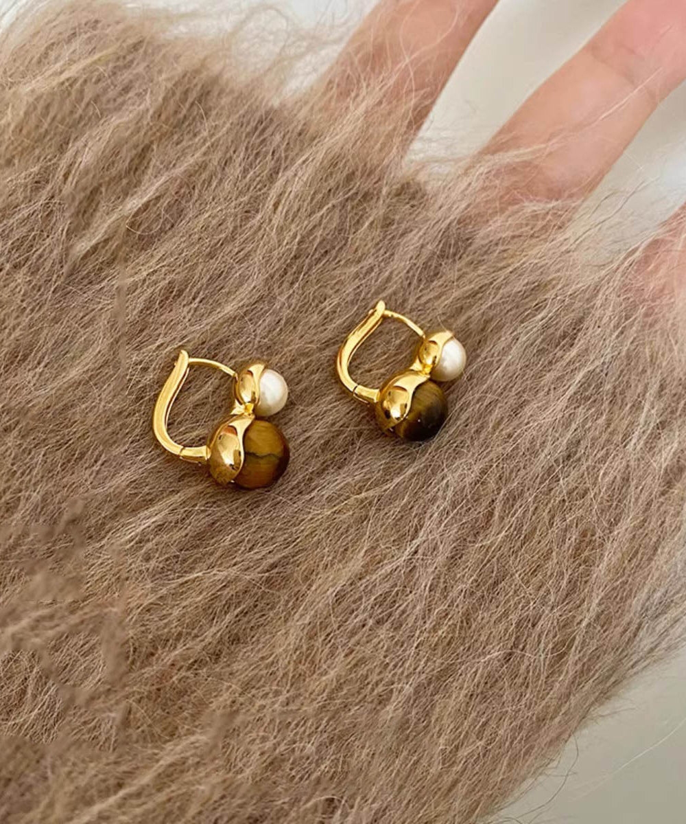 Gold Copper Alloy Cat Eye Stone Pearl Hoop Earrings