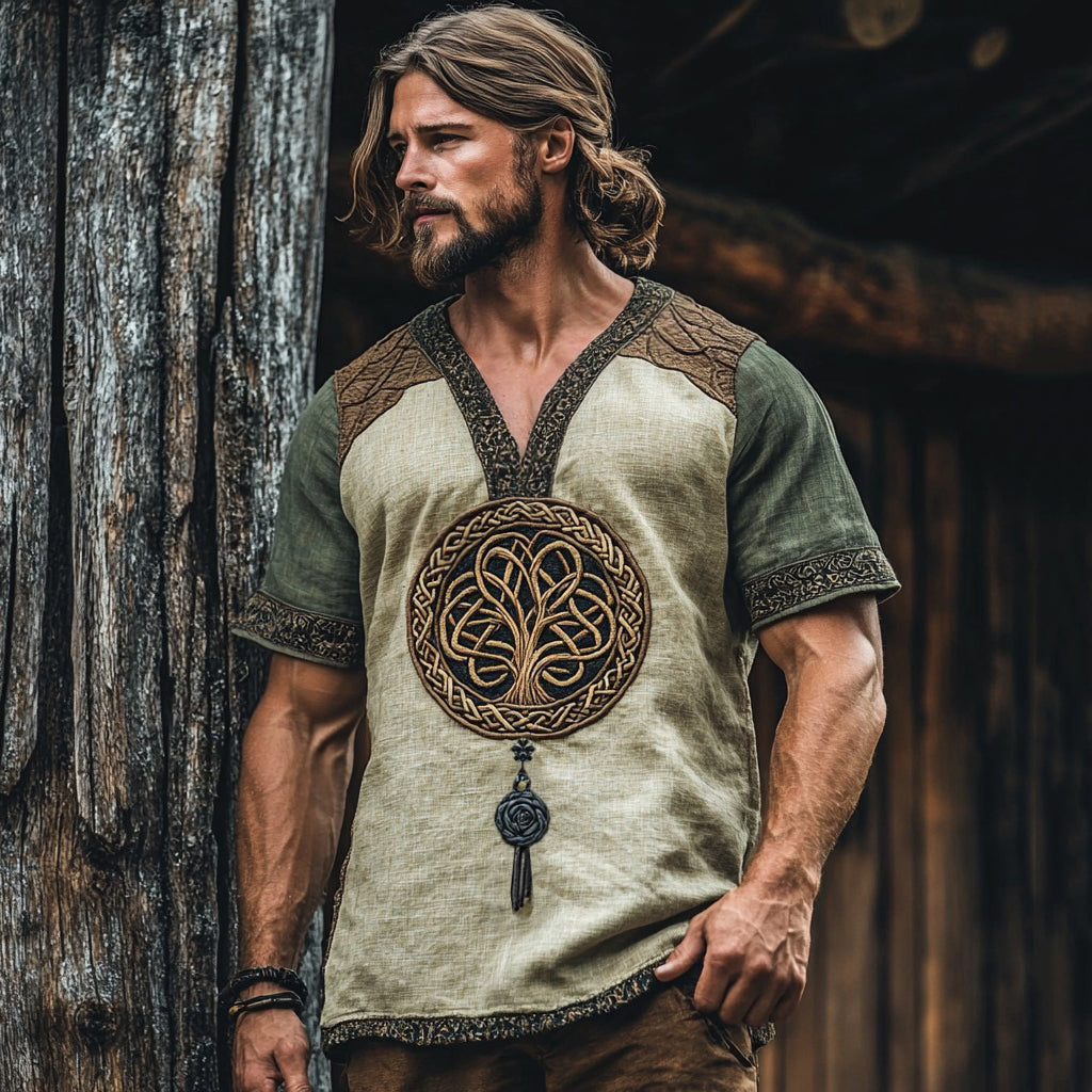 Men's Viking Life Of Tree Celtic Knot Art Linen V-neck T Shirt elevenforest