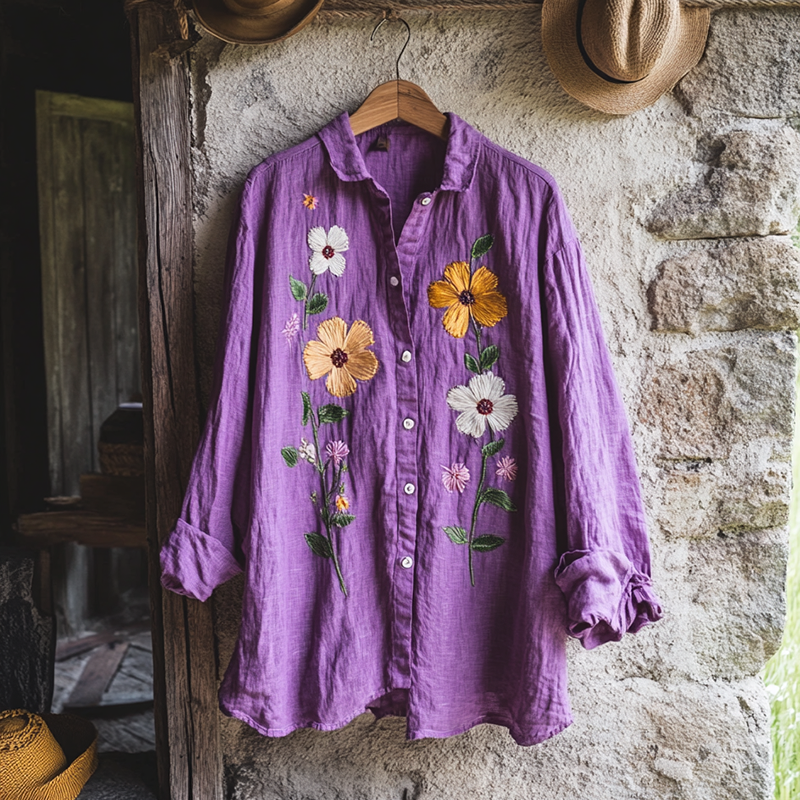 Bohemian Holiday Style Linen Floral Print  Long Sleeve Shirt elevenforest