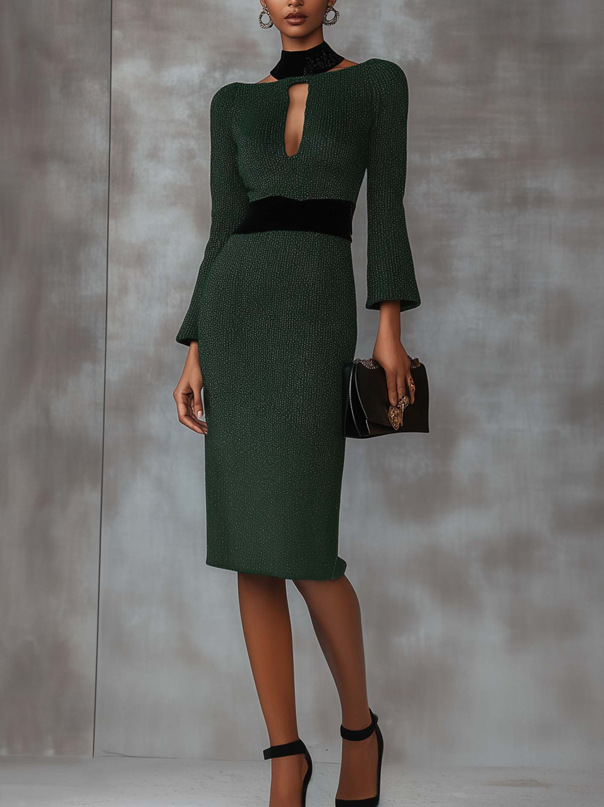 Emerald Green Knitted Midi Dress With Black Neckline And Belt